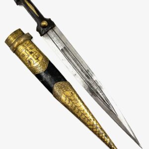 Collectible kindjal dagger with engraved blade inscription, horn handle and bronze decorative details