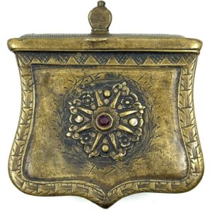 19th century bronze cartridge box with engraved decoration rosette and inset stone collectible