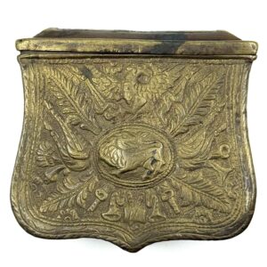 19th century bronze cartridge box with lion eagle and trophy decorative motifs antique collectible