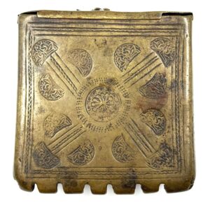 19th century Ottoman bronze cartridge box with geometric and floral decorative motifs