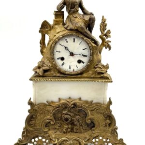 19th century philhellenic clock with Greek figure gilded bronze and white marble base
