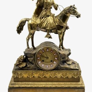 19th century French gilded bronze clock with mounted warrior antique collectible