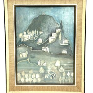 Framed oil painting of old Aegina on hardboard.