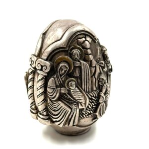 999 silver decorative egg with Christian religious scenes collectible