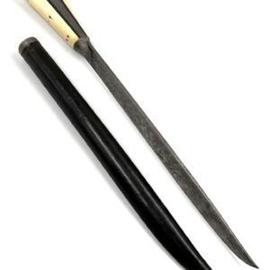 Large antique Cretan knife with black leather sheath and traditional handle