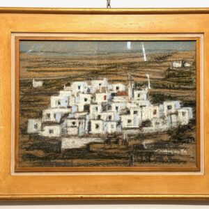 Framed pastel-hardboard painting depicting Tinos