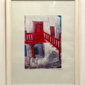 Framed silkscreen artwork depicting a traditional Cycladic house.