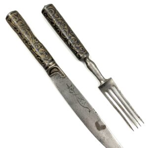 19th century Ottoman silver gilt knife and fork set with niello decoration