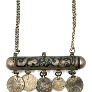 Silver Ottoman cylindrical amulet pendant with chain.