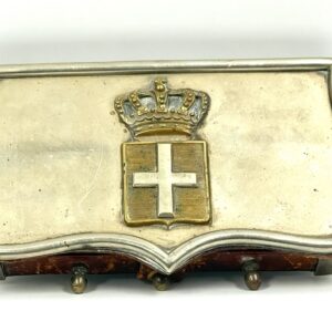 Greek Army officer cartridge box with red leather body and metal crown emblem collectible