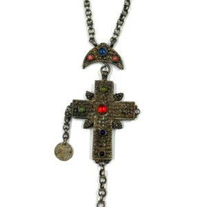 Silver traditional cross pendant with multicolored stones and chain.