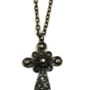 Traditional filigree cross pendant with chain.